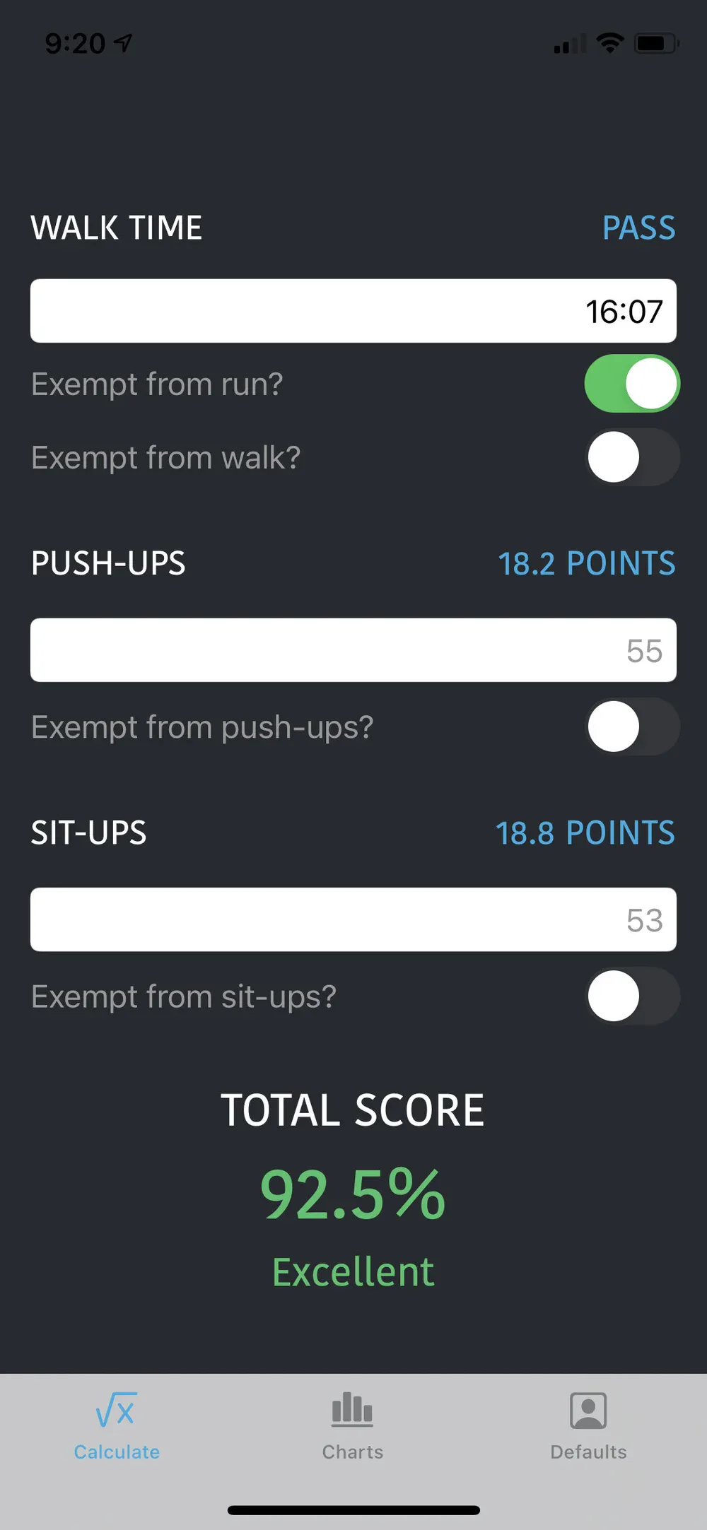 Individual event points and pass/fail indicator