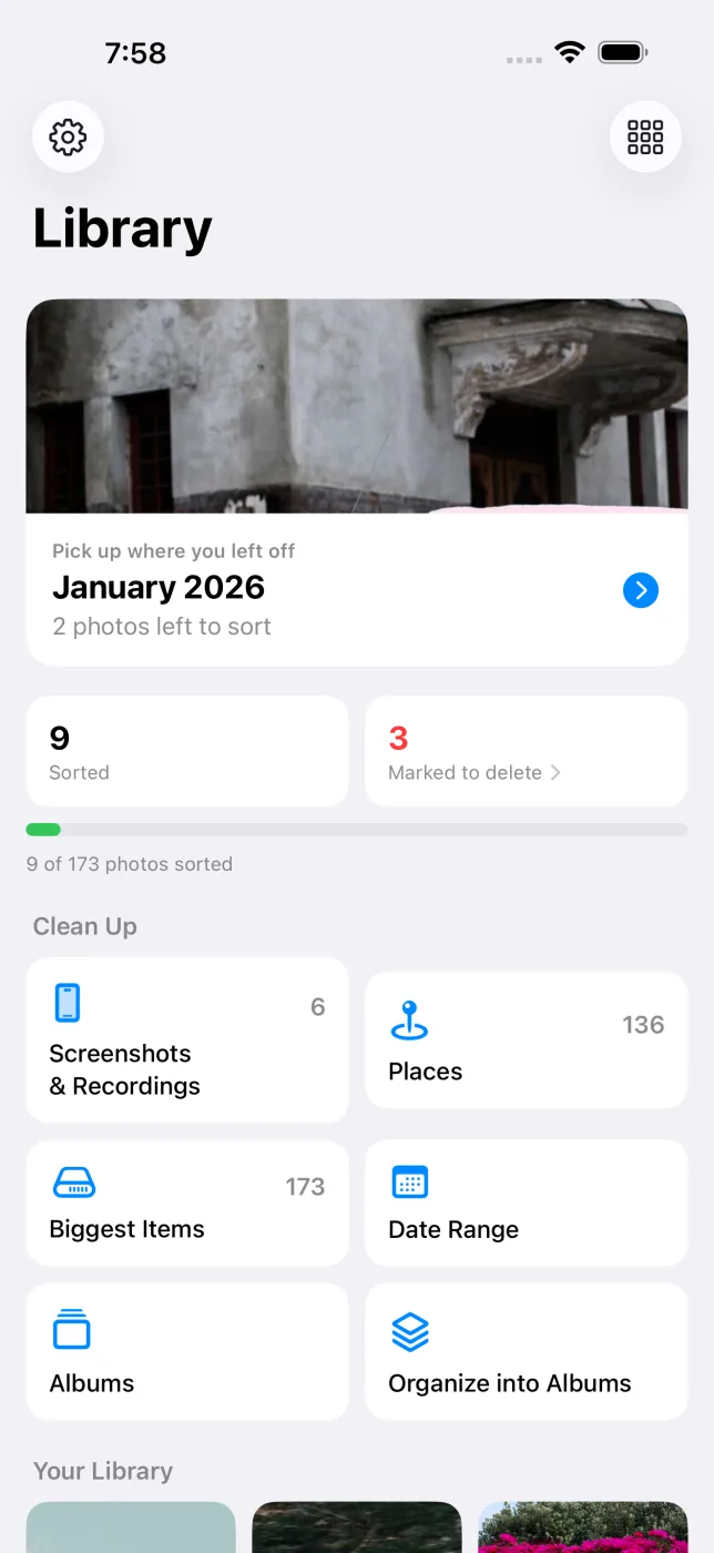 Proof Sheet library screen showing progress and where to pick up
