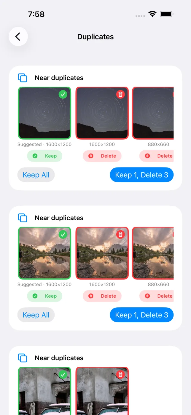 Near-duplicate photos grouped side by side with a suggested keeper