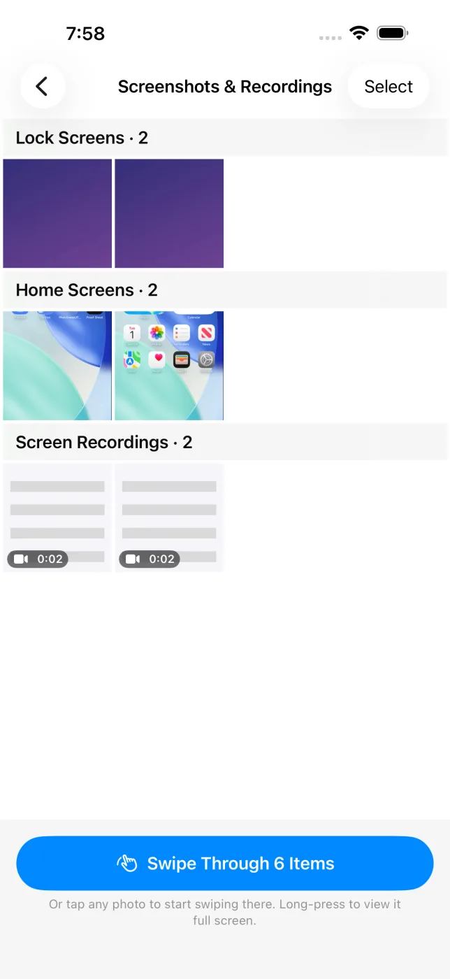 Screenshots and screen recordings gathered into groups for review