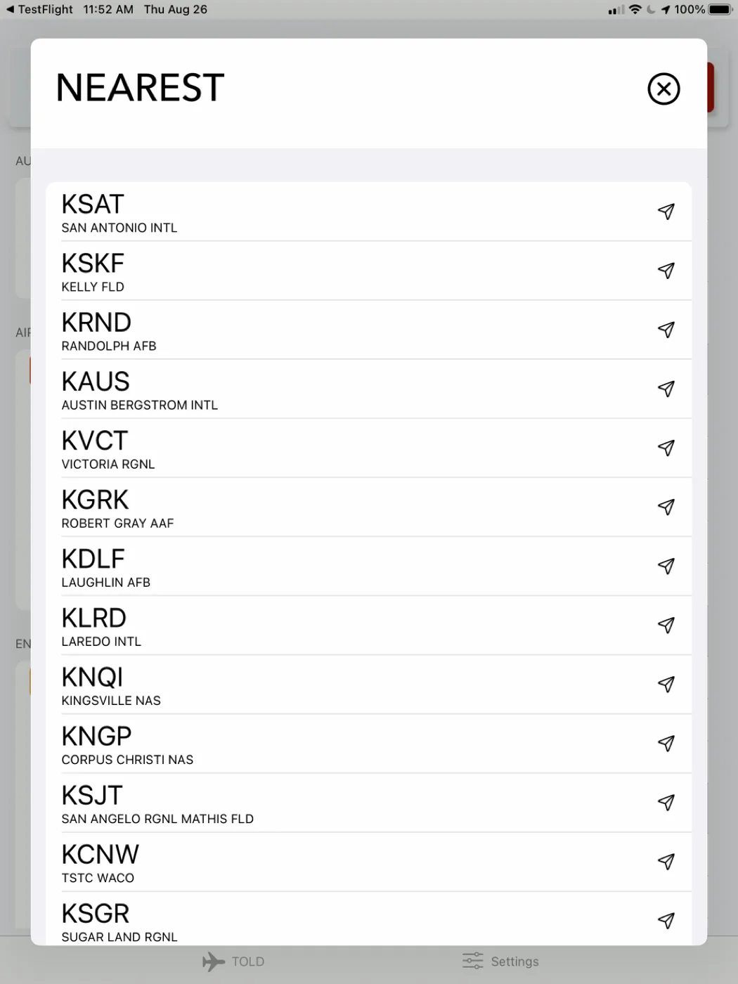 Nearest airfield lookup in the T-38A TOLD app