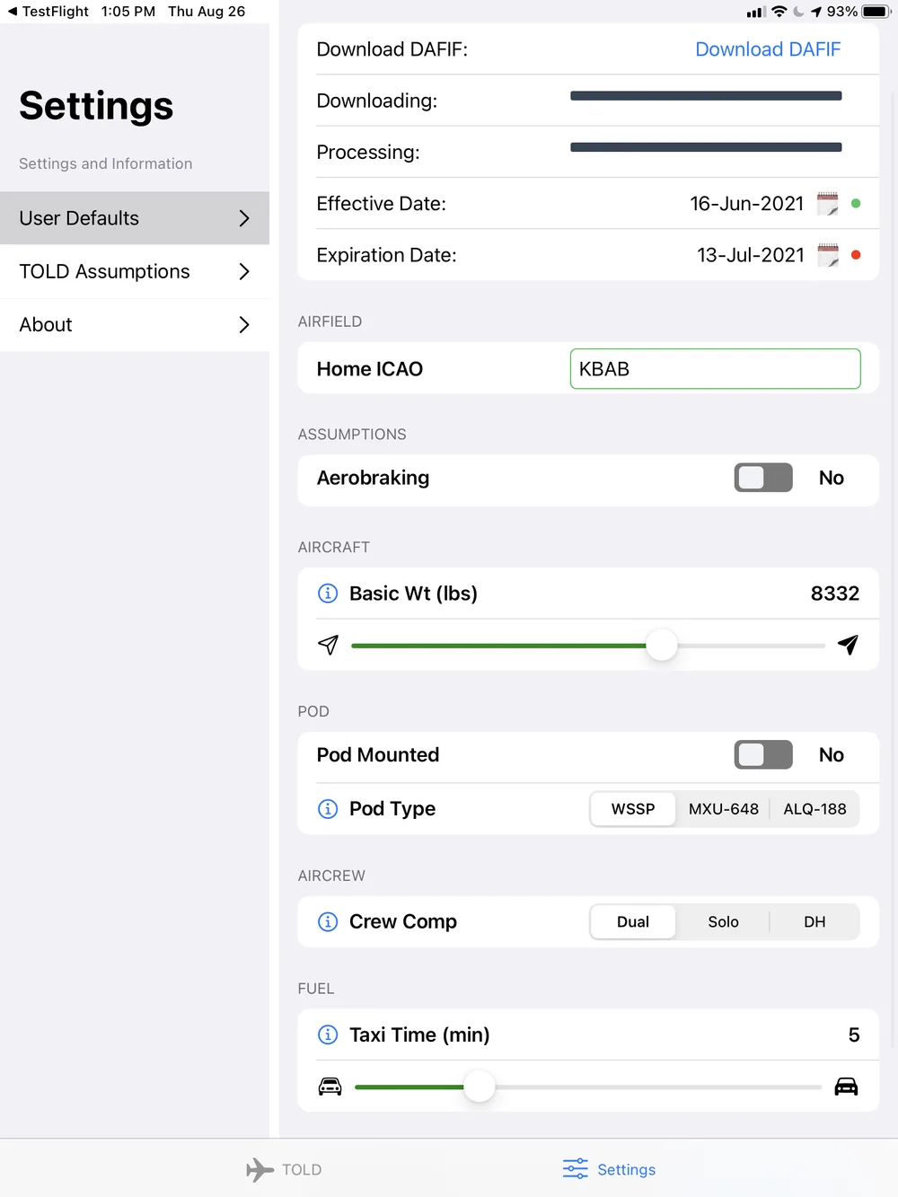 Configuration settings in the T-38A TOLD app